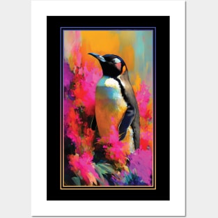 Penguin Vibrant Tropical Flower Tall Digital Oil Painting Portrait Posters and Art